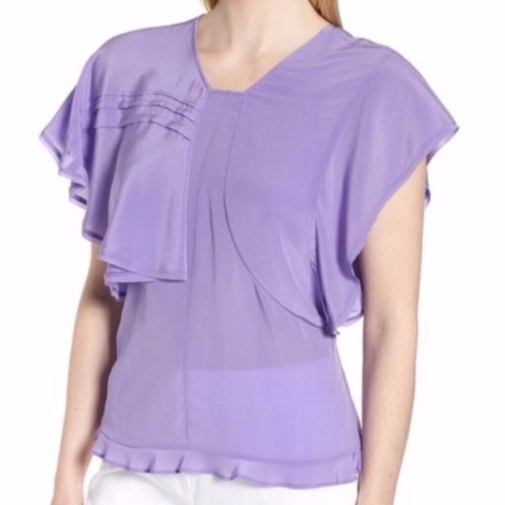 Lewitt Silk Top Size M Iris Purple Flutter Sleeve Asymmetric Blouse